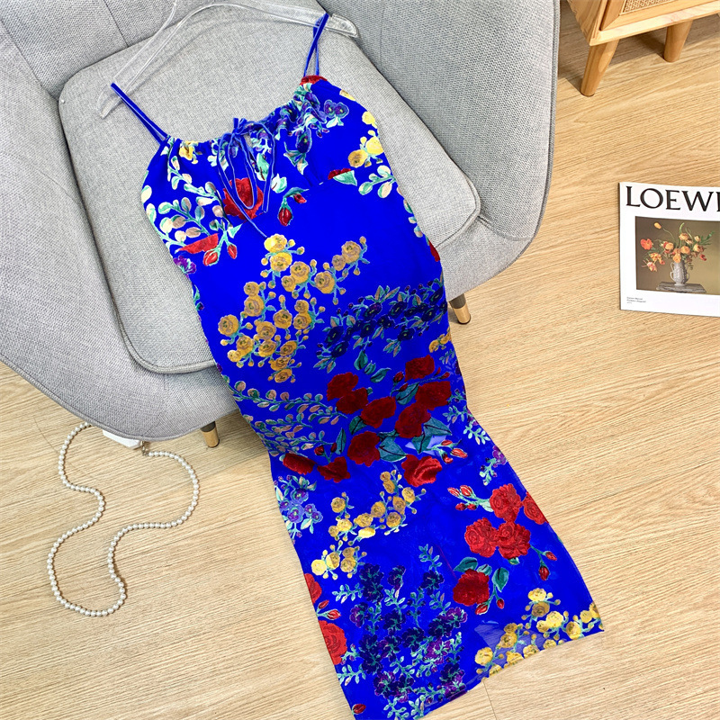 Vintage Blue Velvet Burned Flower Print Spice Girls Hollow Backless Slim Summer Women Casual Slip Dress