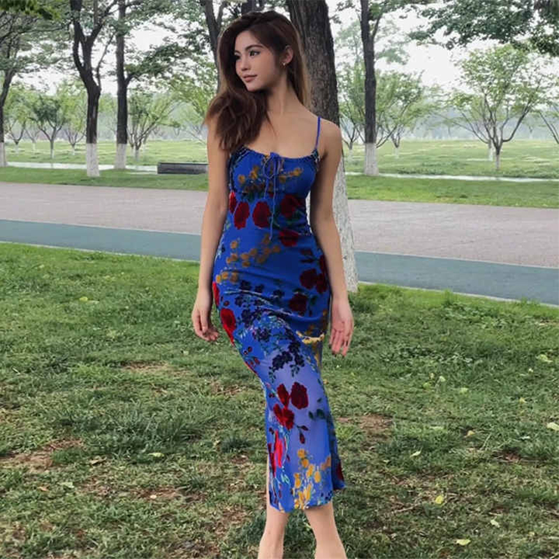 Vintage Blue Velvet Burned Flower Print Spice Girls Hollow Backless Slim Summer Women Casual Slip Dress