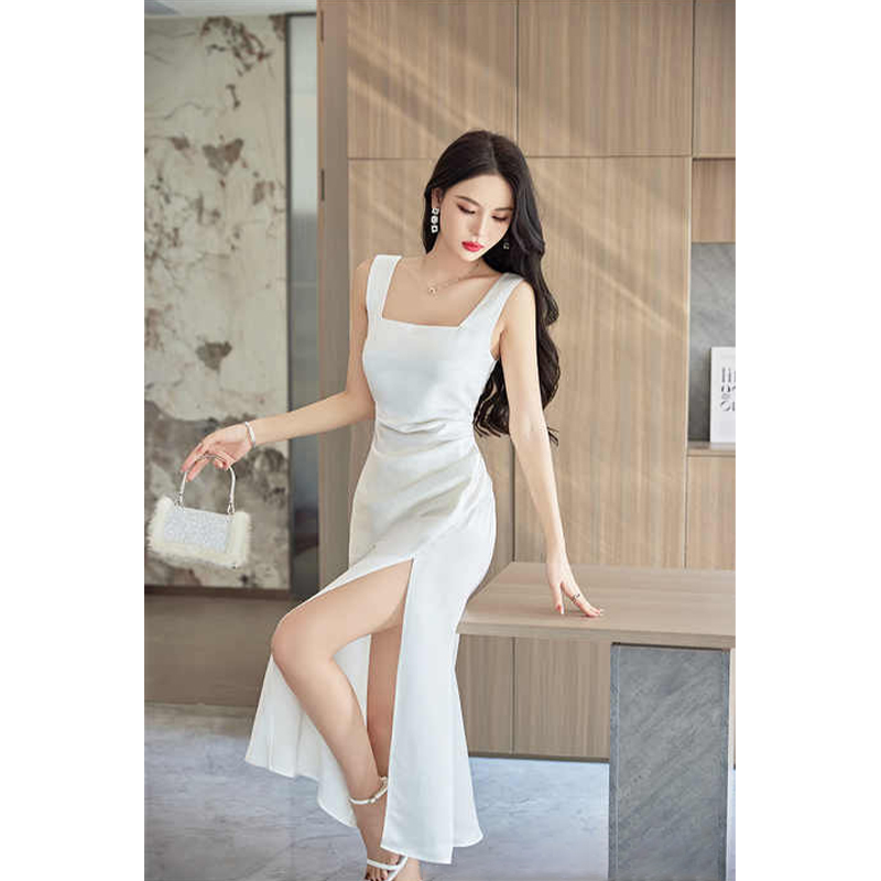 White U-Neck Sleeveless Summer Slip Satin Dress Casual Career Dress