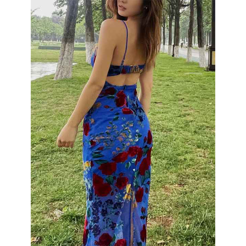 Vintage Blue Velvet Burned Flower Print Spice Girls Hollow Backless Slim Summer Women Casual Slip Dress