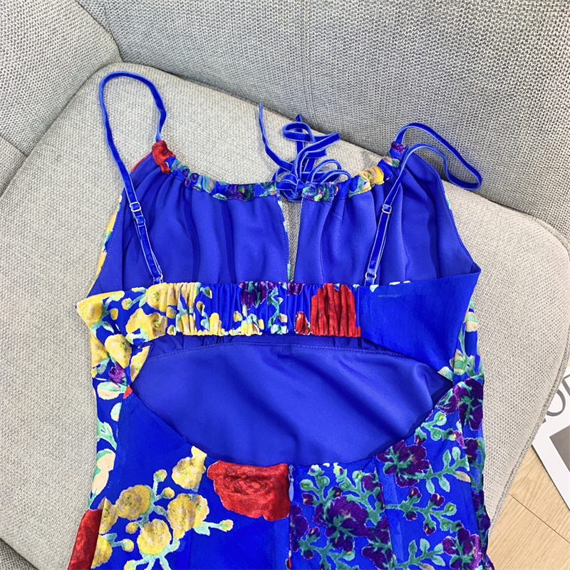 Vintage Blue Velvet Burned Flower Print Spice Girls Hollow Backless Slim Summer Women Casual Slip Dress