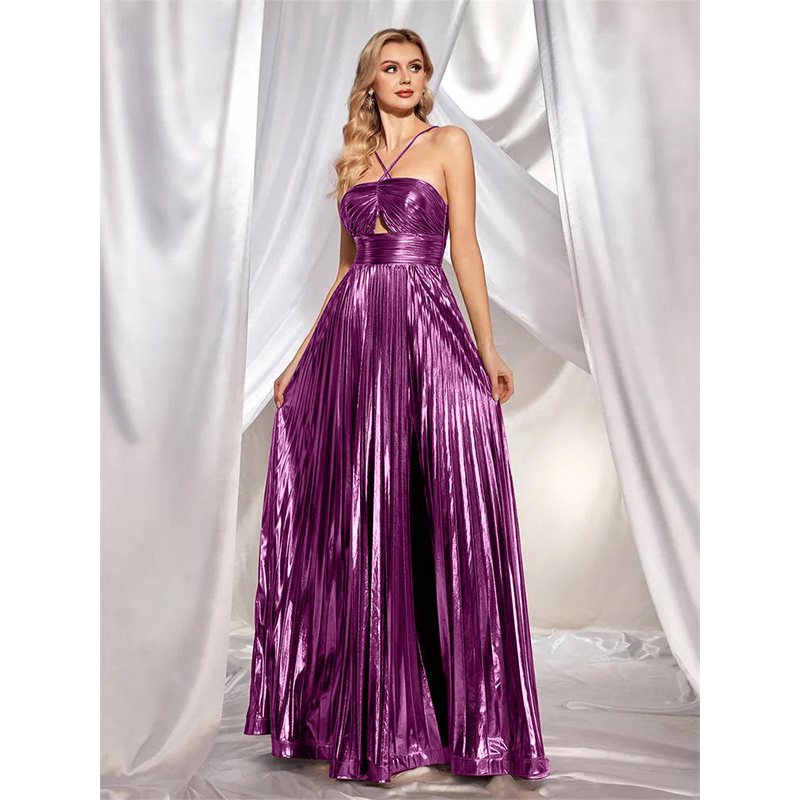 Satin Gold Backless Split Sleeveless Floor-Length Women's Prom Dress