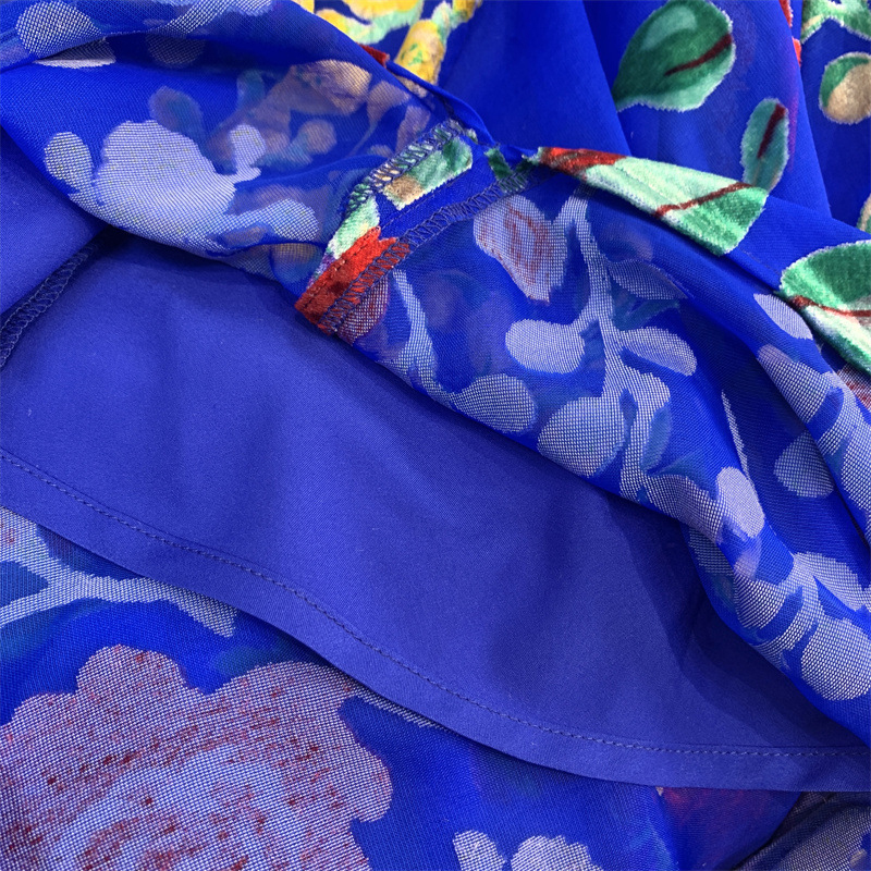 Vintage Blue Velvet Burned Flower Print Spice Girls Hollow Backless Slim Summer Women Casual Slip Dress