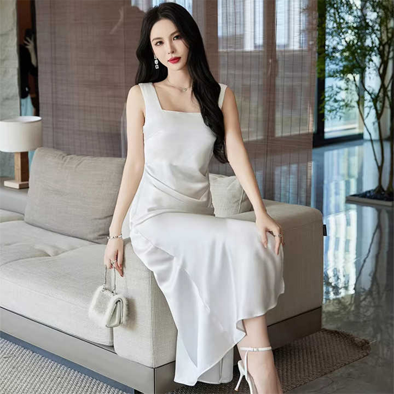 White U-Neck Sleeveless Summer Slip Satin Dress Casual Career Dress