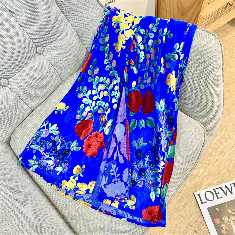 Vintage Blue Velvet Burned Flower Print Spice Girls Hollow Backless Slim Summer Women Casual Slip Dress
