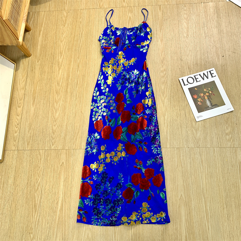 Vintage Blue Velvet Burned Flower Print Spice Girls Hollow Backless Slim Summer Women Casual Slip Dress