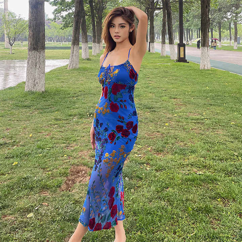 Vintage Blue Velvet Burned Flower Print Spice Girls Hollow Backless Slim Summer Women Casual Slip Dress