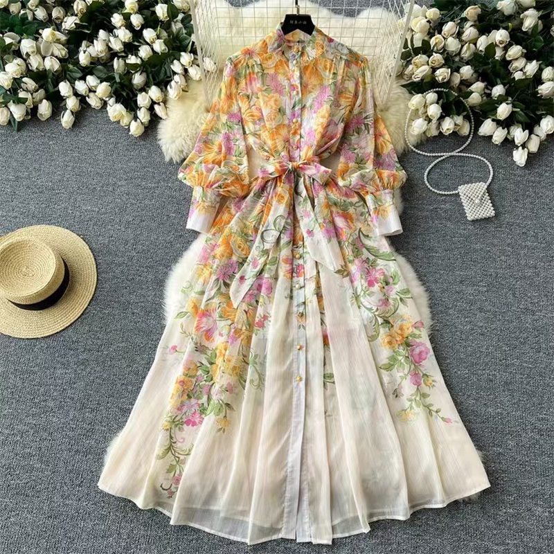 Custom Boho Floral Print Chiffon Casual Women's Long Sleeve Summer Dress