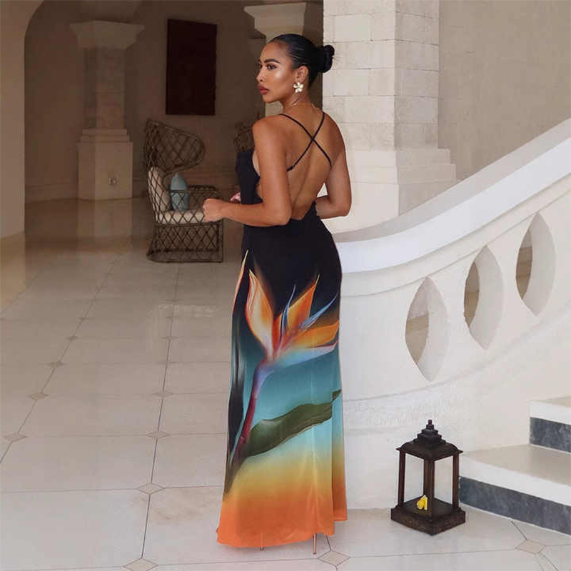 Custom Digital Printing Fashion Open Back Women's Casual Beach Dress for Holiday