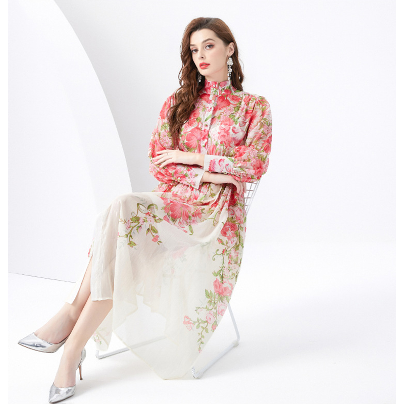 Custom Boho Floral Print Chiffon Casual Women's Long Sleeve Summer Dress