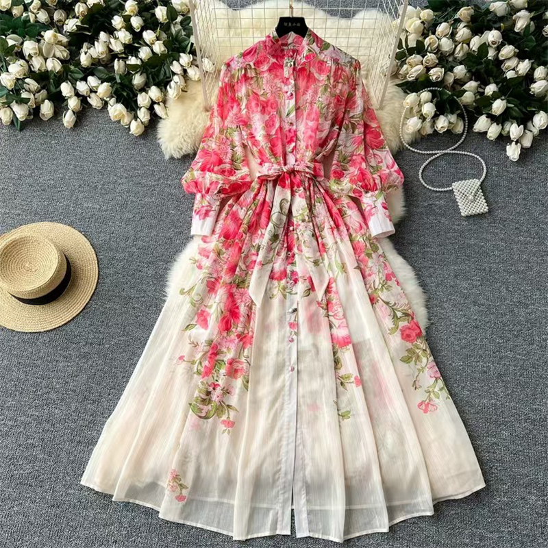 Custom Boho Floral Print Chiffon Casual Women's Long Sleeve Summer Dress