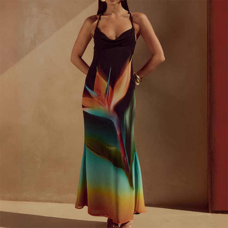 Custom Digital Printing Fashion Open Back Women's Casual Beach Dress for Holiday