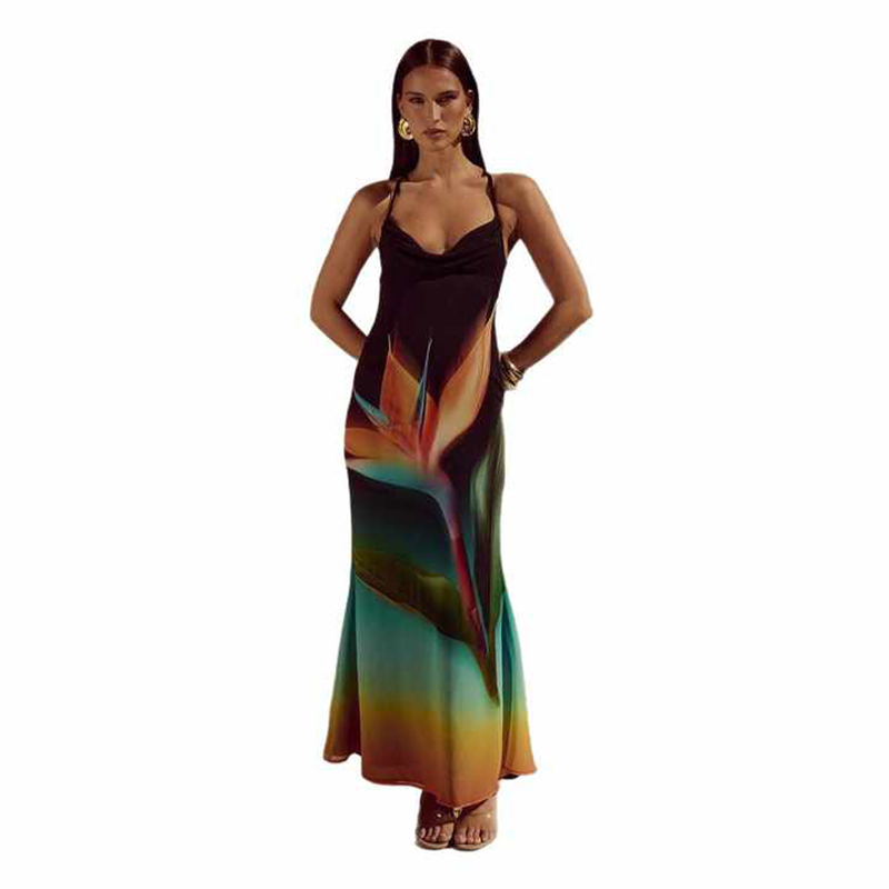 Custom Digital Printing Fashion Open Back Women's Casual Beach Dress for Holiday