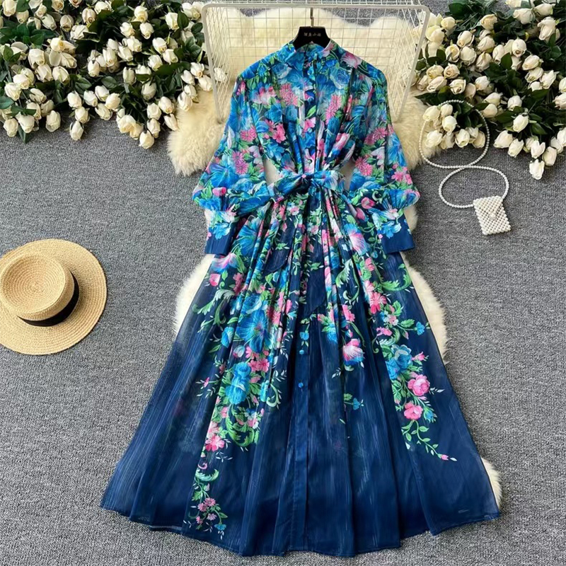 Custom Boho Floral Print Chiffon Casual Women's Long Sleeve Summer Dress
