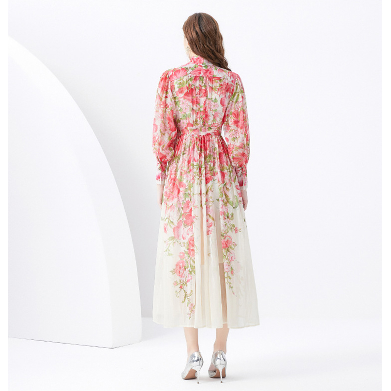 Custom Boho Floral Print Chiffon Casual Women's Long Sleeve Summer Dress