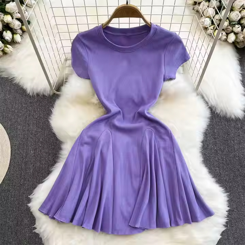 2025 Summer Korean Fashion Hot Girl Casual a Word Puffy Dress Short Sleeve Round Neck Waist Slimming Solid Color