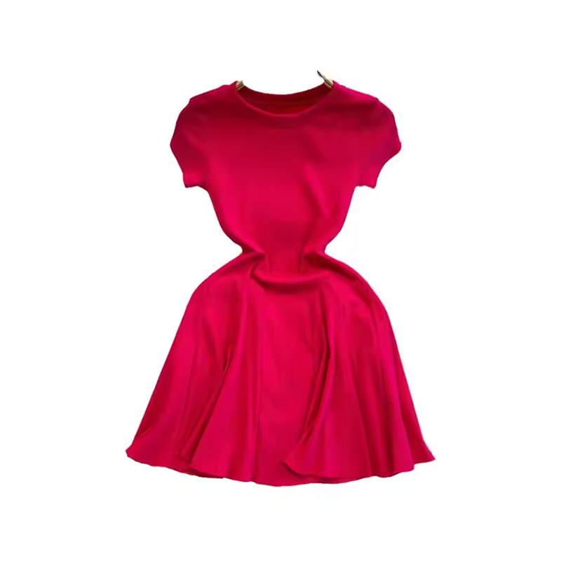 2025 Summer Korean Fashion Hot Girl Casual a Word Puffy Dress Short Sleeve Round Neck Waist Slimming Solid Color