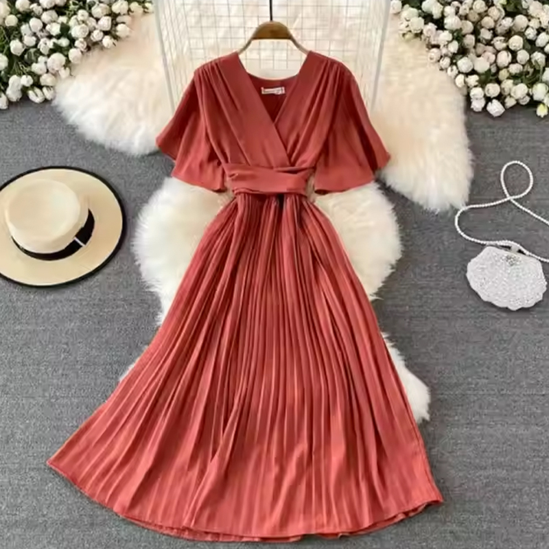 Summer Dress V-Neck Short-Sleeved Over-the-Knee Loose Pleated Elegant Ladies Dress