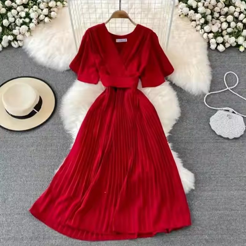 Summer Dress V-Neck Short-Sleeved Over-the-Knee Loose Pleated Elegant Ladies Dress