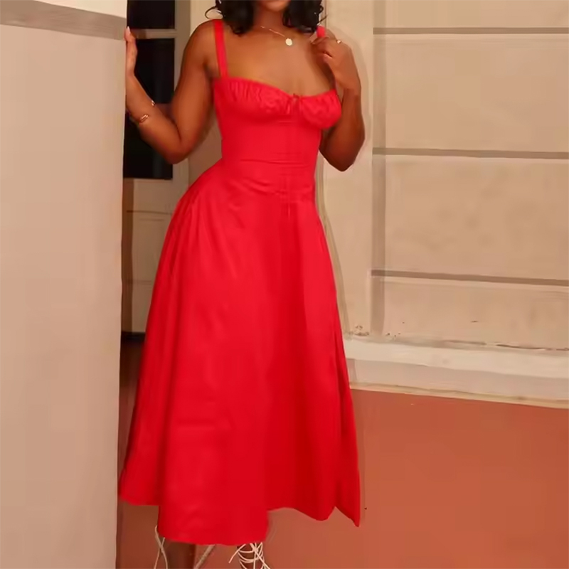 High-quality, Low-priced, Casual and Fashionable Women's Dress with Shoulder Straps and Slit Prints