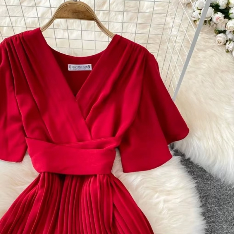 Summer Dress V-Neck Short-Sleeved Over-the-Knee Loose Pleated Elegant Ladies Dress