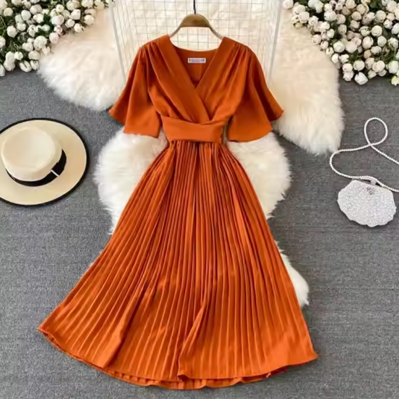 Summer Dress V-Neck Short-Sleeved Over-the-Knee Loose Pleated Elegant Ladies Dress