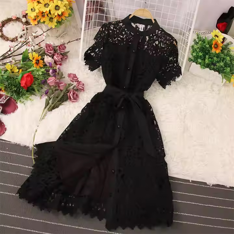 Summer New Elegant Retro Short-Sleeved Hollow Lace Cinched-waist Springs Fashion Red Casual Dress for Women