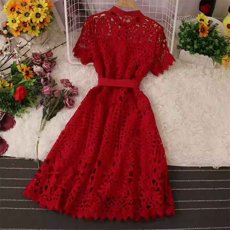 Summer New Elegant Retro Short-Sleeved Hollow Lace Cinched-waist Springs Fashion Red Casual Dress for Women