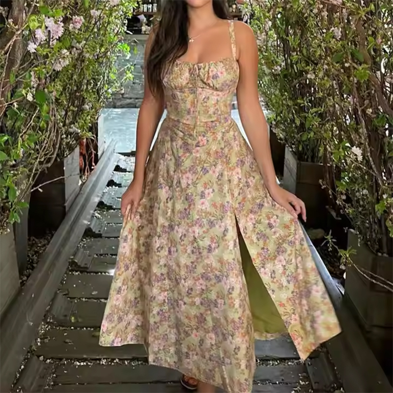 High-quality, Low-priced, Casual and Fashionable Women's Dress with Shoulder Straps and Slit Prints