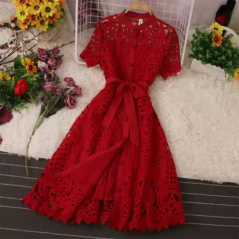 Summer New Elegant Retro Short-Sleeved Hollow Lace Cinched-waist Springs Fashion Red Casual Dress for Women
